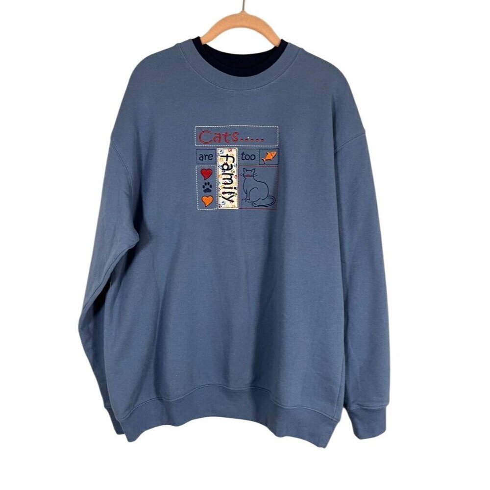 Vintage Cat Sweatshirt L Blue Embroidery Retro 80s Animal Lover Classic Preppy